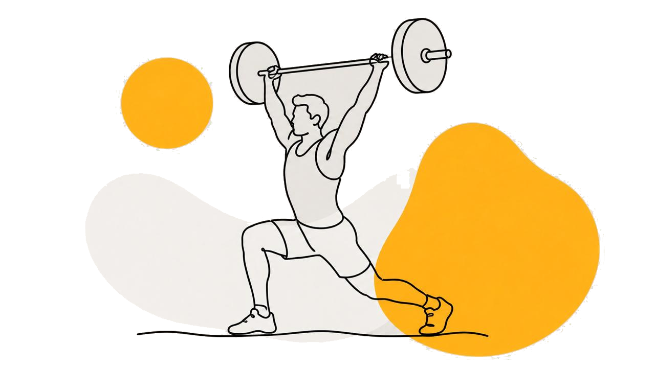 Un sportiv de CrossFit execută o fandare cu haltera ridicată deasupra capului.