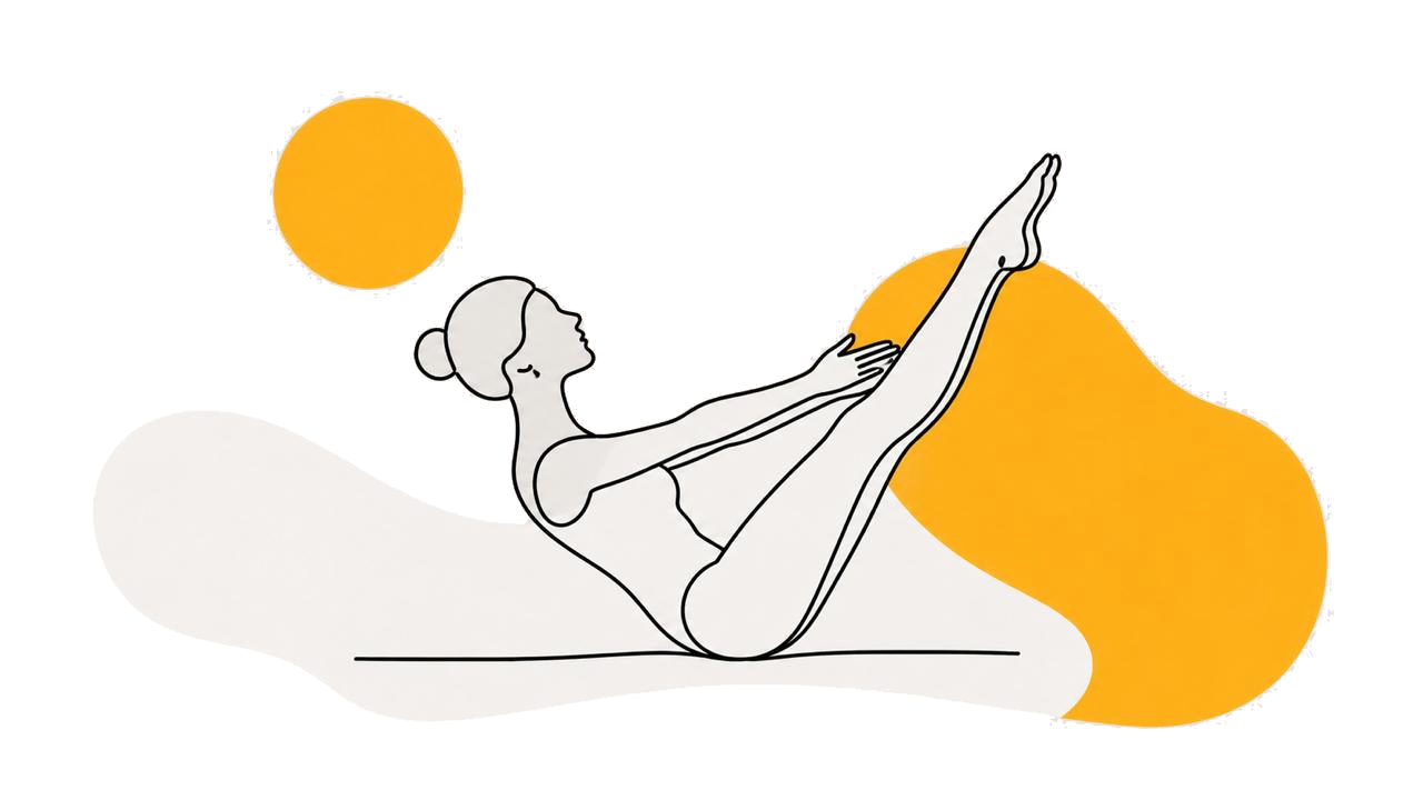 O practicantă de Pilates execută poziția Teaser, în echilibru pe saltea, cu picioarele întinse.